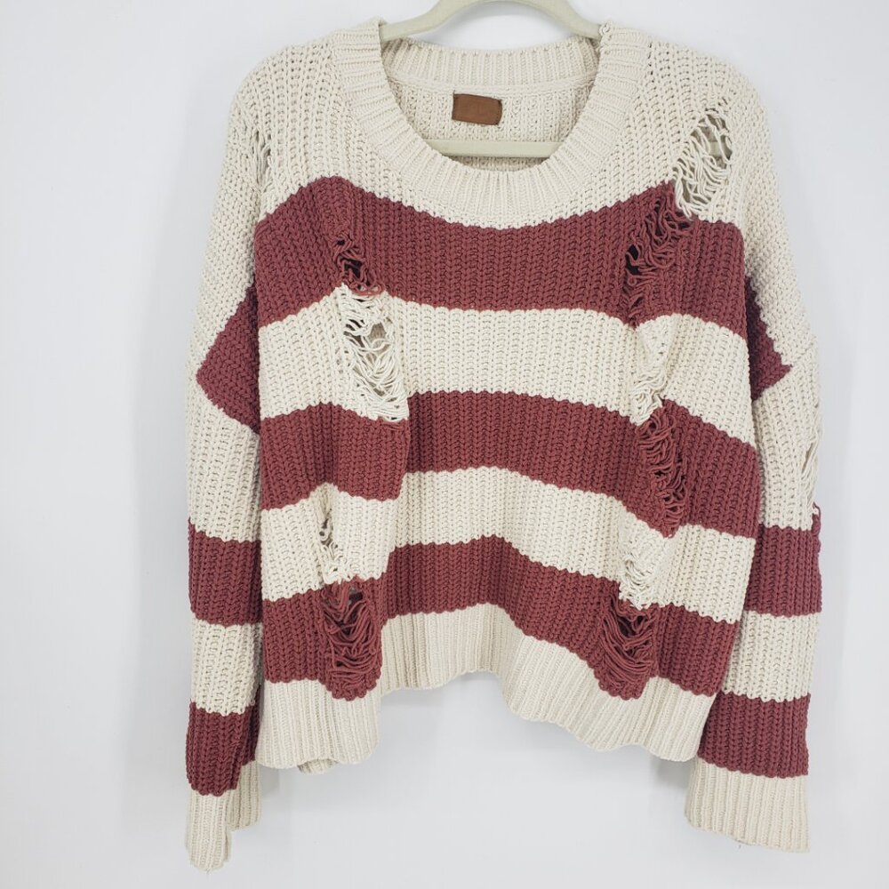 POL Distressed Striped‎ Chenille Sweater Women M Cream Oversized Chunky Grunge